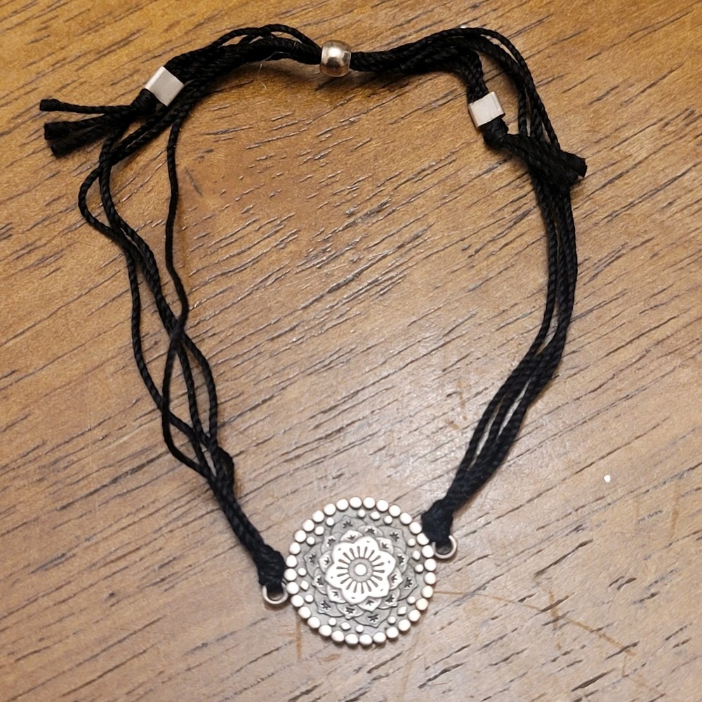 925 Sterling Silver Mandala Flower Black Cord Adjustable Bracelet